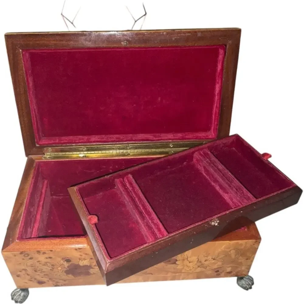 Pristine Italian Inlayed Wood Music Box 2 Level Jewelry Box Plays Isle Of Capri